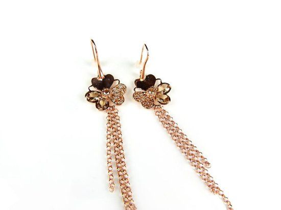 Zilveren Oorringen Model Blossom Long - Goud Verguld - Bruine Zirkonia Stenen