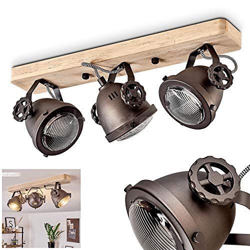 hofstein Plafondlamp Herford, verstelbare plafondlamp van metaal/hout/glas in zwart-bruin/naturel, 3-vlam, 3 x GU10-fitting, max. 50 watt, draai- en zwenkbare spot in retro design, geschikt voor LED