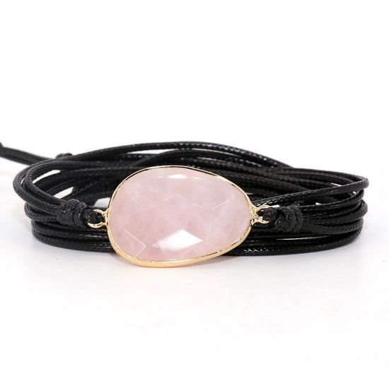 Marama Wikkelarmband Rozenkwarts Zwart Waxcord Vegan 80 cm