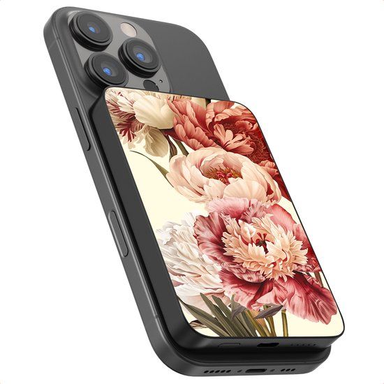 Selencia Powerbank 5.000 mAh - Draadloze Powerbank - Geschikt voor MagSafe en Qi - Black / Vintage Peony