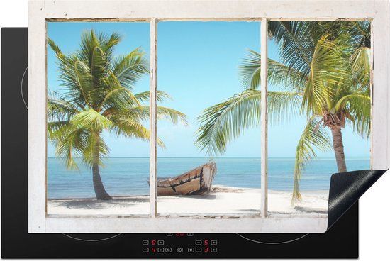 KitchenYeah® Inductie beschermer 81x52 cm - Doorkijk - Palmbomen - Strand - Inductiebeschermer