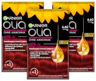 Garnier Olia Permanente haarkleur zonder ammoniak, met voedende en natuurlijke oliën, volledige dekking van grijs haar, permanente kleuring, nr. 6.6 intensief rood, 3 x 1 stuks