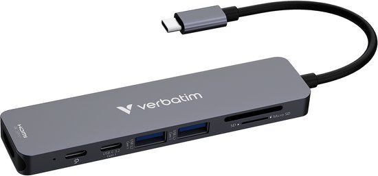 Verbatim Essentials USB-C Multiport Hub - 7 poorten: HDMI, USB-C, 2x USB-A 3.2, SD & MicroSD, 100W PD