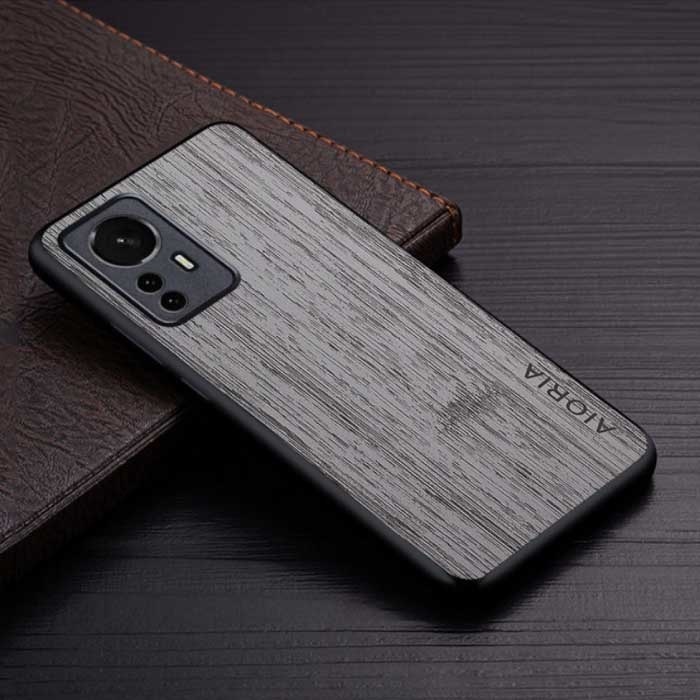 AIORIA AIORIA Xiaomi 12 Pro Leren Hoesje - Shockproof Case Cover Hout Patroon Lichtgrijs