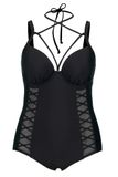 Ulla Popken Dames grote maten grote maten plus size badpak, beugelsoftcups, nekhouder 804884, zwart, 44 Grote maten