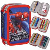 Sarcia.eu MARVEL Spider-Man Pennenetui met drie vakken en uitrusting voor jongens, voor school - 45 elementen, 3 ritsen, rood/blauw, stof, soft case
