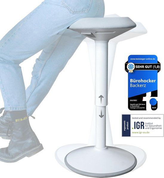 Backerz Ergonomische Wiebel Stoel - Wit - Verstelbaar 55-80cm - Balanskruk - Zit Sta kruk - Zadelkruk
