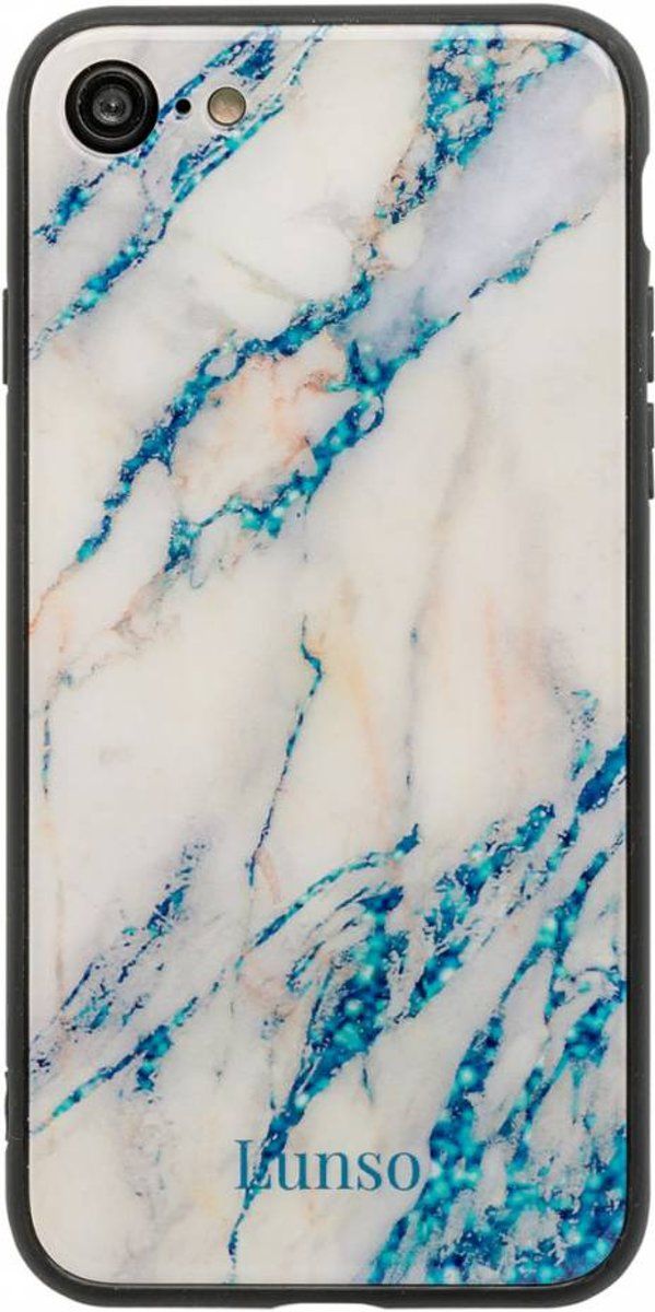 Lunso - glazen marmeren backcover hoes - iPhone 7 / 8 - lichtblauw