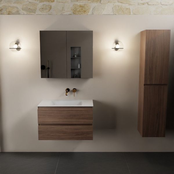 Mondiaz Aivy badmeubelset - 80x45x50cm - 0 kraangaten - 1 wasbak talc Solid surface - Midden - 2 lades - Met spiegelkast - Melamine Mocha AIVY80387