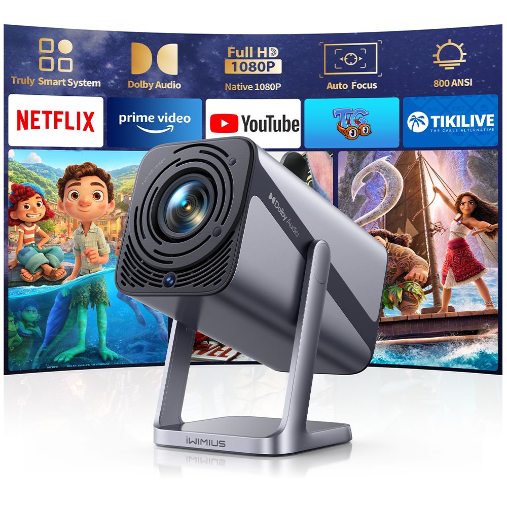 WIMIUS IWIMIUS projector 4K Netflix officieel WIFI6 Native 1080P 800ANSI autofocus en Keystone BT5.2 draagbaar 360 ° Draai thuisbioscoop