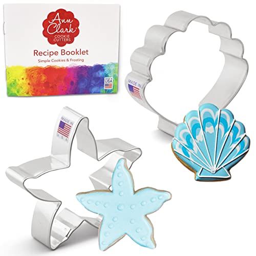 Ann Clark Cookie Cutters 2-delige Strand Koekjesvormset met Receptenboek, Zeester en Schelp