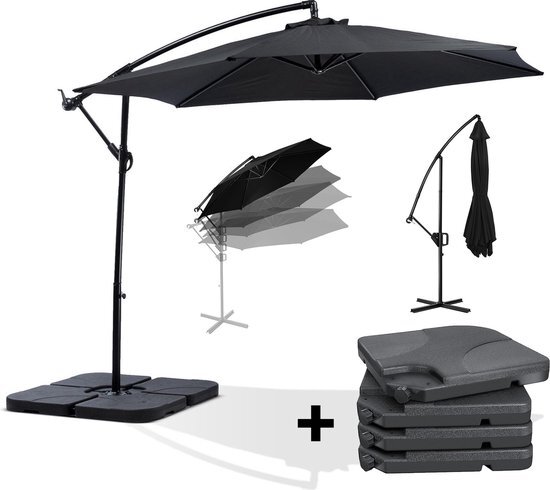 Maxx-garden Parasol - Zweefparasol - Ø300 cm - Zwart - Set met tegels