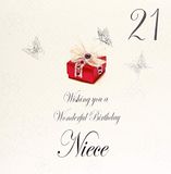 witte White Cotton Cards Verjaardagskaart voor de 21e verjaardag "Red Present, Wishing you a Wonderful Birthday Niece", handgemaakt, wit