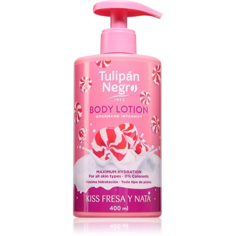 Zwarte tulp bodylotion met dispenser aardbei en room, maximale hydratatie 400 ml, intensief geurend en voor alle huidtypes