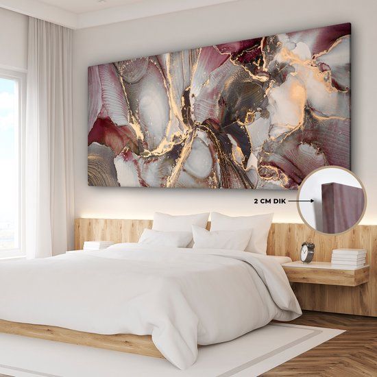 OneMillionCanvasses Canvas schilderij 160x80 cm - Goud, Marmer & Paars - Wanddecoratie