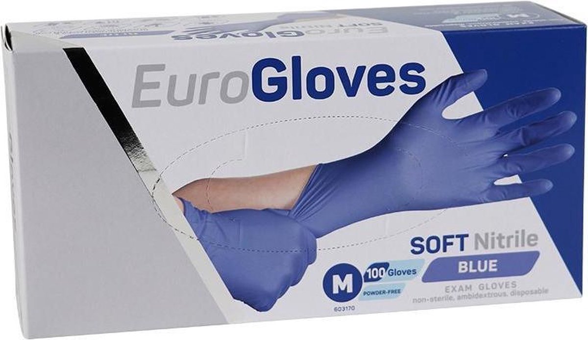 Euro Gloves handschoenen blauw softnitrile 100 stuks poedervrij maat Large