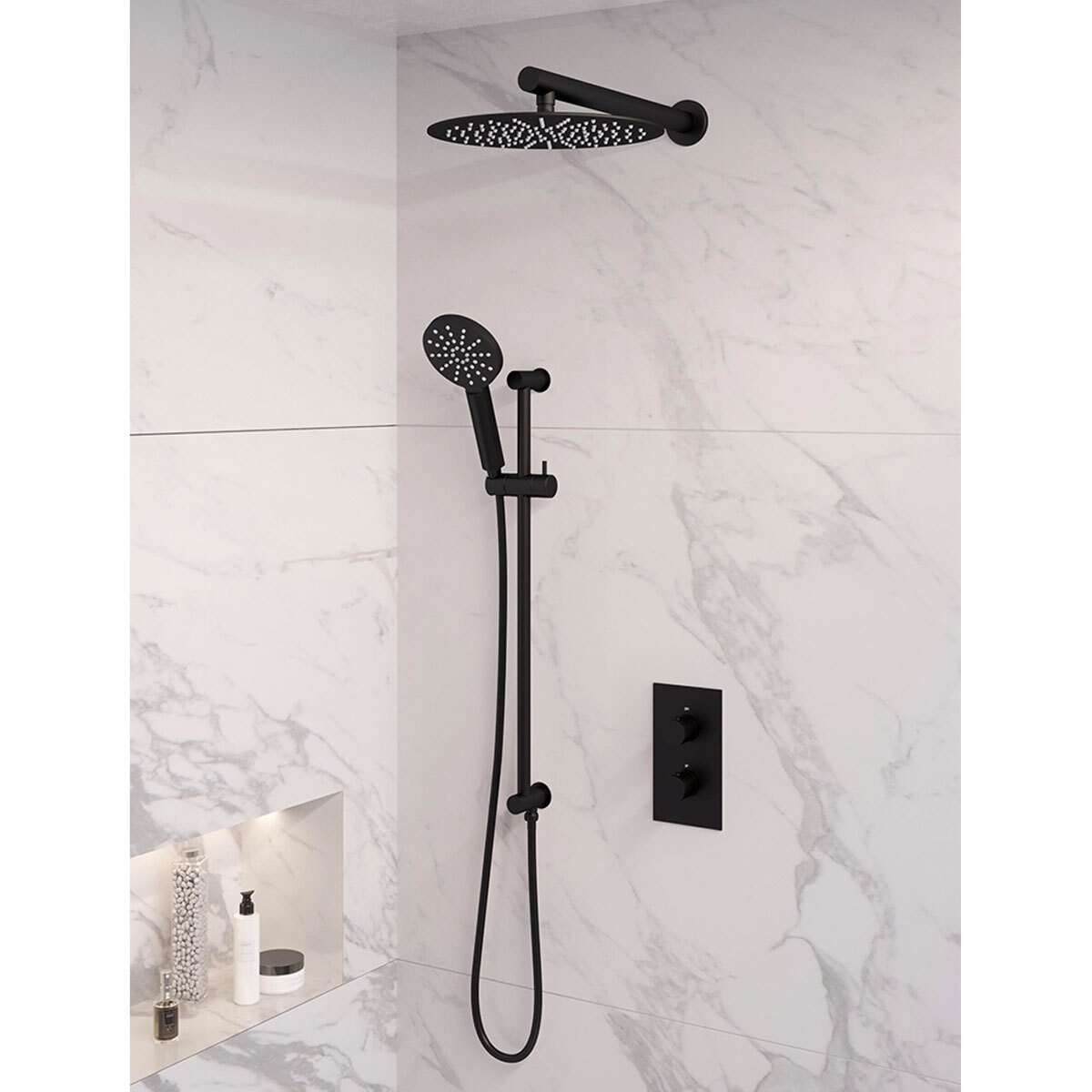 Brauer Regendoucheset 44 Inbouw Muur Black Edition 30cm Rond Mat Zwart 2 Greeps 3-weg met Thermostaatkraan Glijstang en Handdouche