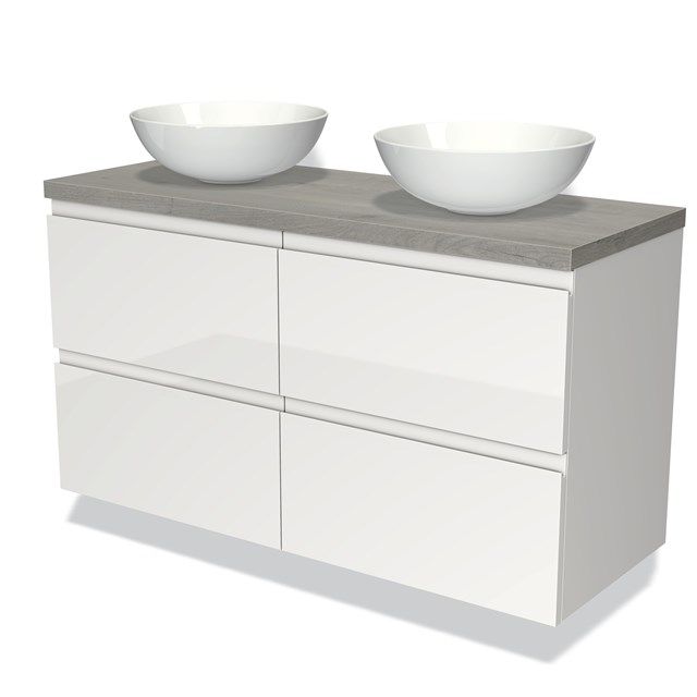 Maxaro Badkamermeubel voor Waskom 120cm Modulo Plato Hoogglans Wit 4 Lades Greeploos Grijs Eiken Blad