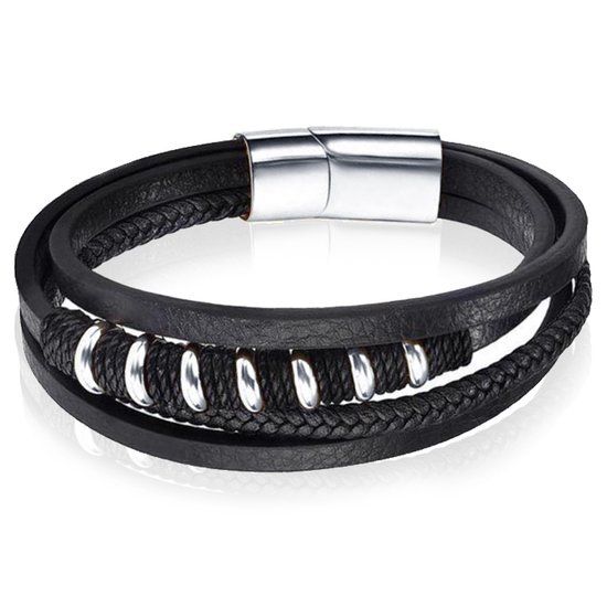 Mendes Leren armband Mendes RVS kralen Touw Zwart Zilverkleurig-20.5cm