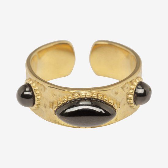 Essenza Black Stones Ring Gold - Gold - Steel - Black Agate - Women - One-size