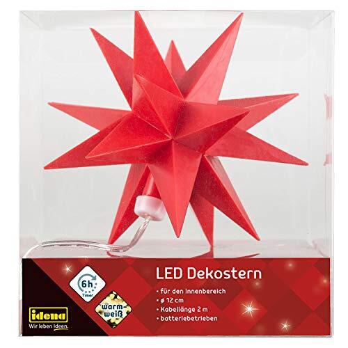 Idena Decoratieve led-ster in rode kleur met warm wit licht, 6 uur timerfunctie, werkt op batterijen, binnen, ca. 2 m kabellengte, voor feestjes, Kerstmis, decoratie, bruiloft, als sfeerlicht.