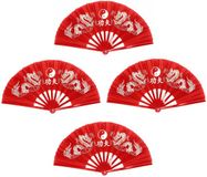Merkloos Handwaaier tai chi - 4x - yin yang en draken - rood - 65 x 35 cm – polyester/kunststof