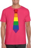 Bellatio Decorations Shoppartners Bv Roze t-shirt met regenboog stropdas heren - LGBT/ Gay pride shirts S
