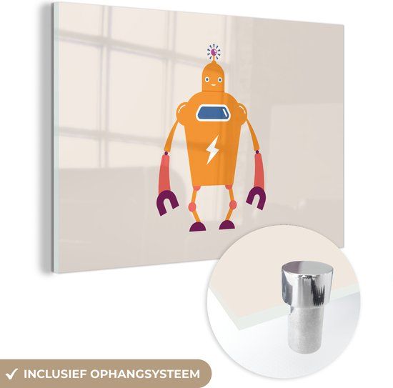 MuchoWow® Glasschilderij 150x100 cm - Robot - Bliksemschicht - Roze - Acrylaat - Kids - Foto op glas