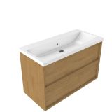 Saniclass Holz Frame Badkamermeubelset - 100x45x63.5cm - Bari keramische wastafel wit - 1 wasbak - zonder kraangat - 2 lades - mat eiken natural (hout) SW1578594/SW24928