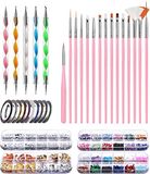 Evvie© Nail Art Kit - Penselen met Dotting tools - Strass steentjes - Rhinestones - Nagel folie - Diamantjes - Striping tape – 65-delig
