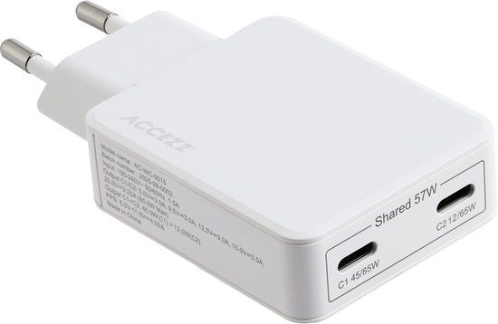 Accezz Ultra Slim GaN Oplader - 2x USB-C - 65W - Wit