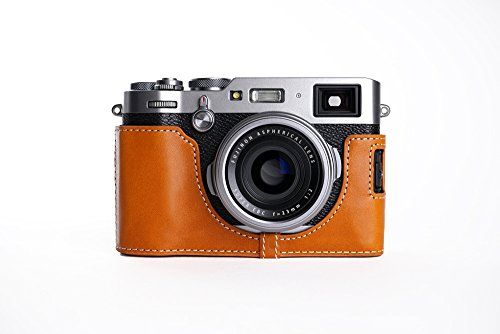 TP Handgemaakte Echt Lederen Half Camera Case Tas Cover voor FUJIFILM X100F Lichtbruin Bottom Opening Versie