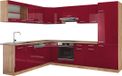 Vicco Hoekkeuken R-Line, Rode hoogglans/Goudkleurig Eiken, 287 x 227 cm, WB Eik
