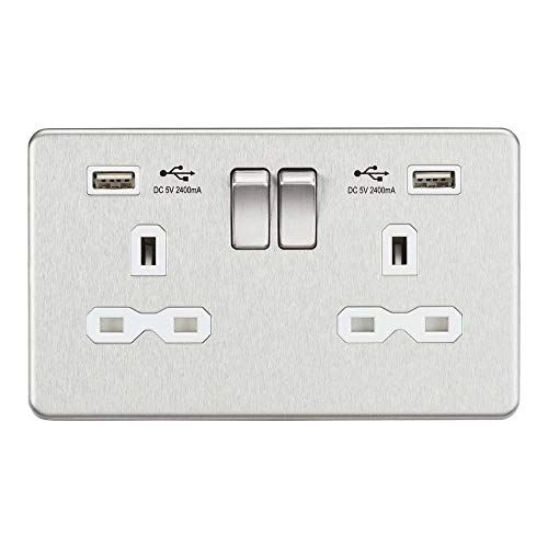 Knightsbridge SFR9224BCW 2G schakelbare contactdoos met 2,4 A dubbele USB-oplader, geborsteld chroom met wit inzetstuk, 13 A