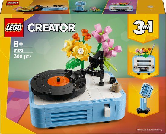LEGO® Creator 3in1 Platenspeler met bloemen muziekset, herbouwbaar als radio of microfoon, bouwset voor kinderen, retrospeelgoed, cadeau voor meisjes en jongens vanaf 8 jaar 31172