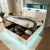 STILVORA Gestoffeerd Bed 140x190cm – Led Rondom Verlichting Met App En Afstandsbediening – Hydraulische Opbergruimte – Zonder matras – Pu – Wit