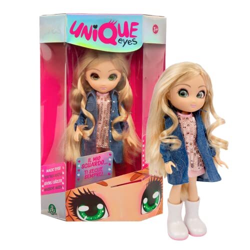 UNIQUE EYES - Beweegbare pop 25 cm, met grote magische en diepe ogen, volgt je blik, Amy Fashion Doll elegante turnstang voor meisjes vanaf 3 jaar, Preziosi-games, MYM00100