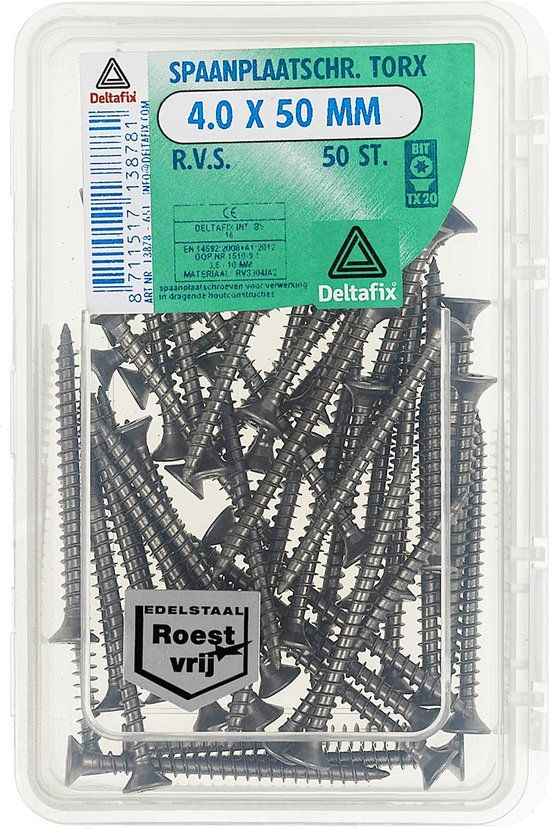 Deltafix Spaanplaatschroef Platkop / Torx R.V.S. A2 4.0 x 50 mm 50 st.