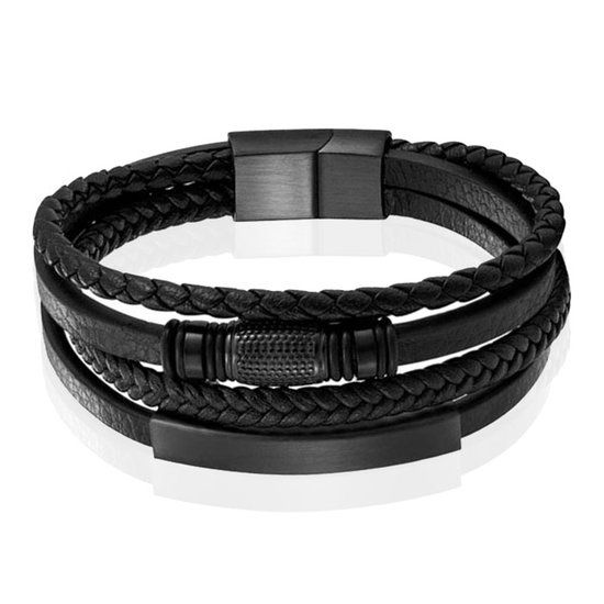 Mendes Jewelry Heren Armband van Roestvrijstaal en Echt Leder - Zwart - 19cm