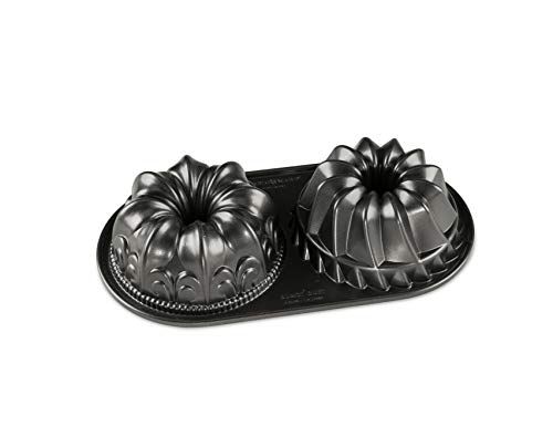 Nordic Ware Bundt Duet Pan - Bundt Cake Tin for 2 Cakes - Fleur de Lis and Kugelhopf - Graphite