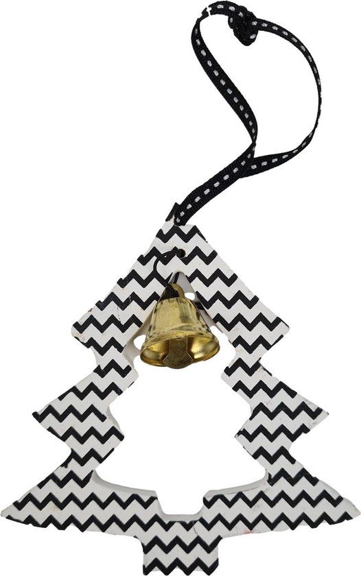 Houten kerstboom hanger met bel - Zwart/Wit zigzag patroon - 2x12 cm
