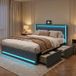 Lit 140x190 cm avec sommier, lit double capitonné, 4 tiroirs, éclairage LED réglable, deux ports USB/C, style scandinave, lin - gris foncé
