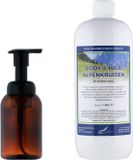 Claudius Cosmetics B.V. Zeepdispenser 300 ml amber bruin hervulbaar + 1 liter Body & Hair Alpenkruiden navulling