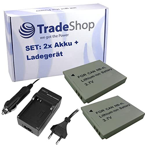 Trade Shop 3-in-1 set: 2 x Li-Ion accu 3,7 V 850 mAh + oplader compatibel met Canon Ixus 110IS 255HS, Ixy Digital 10, 60, 70, 80, 90, L3, L4 / digitale camera