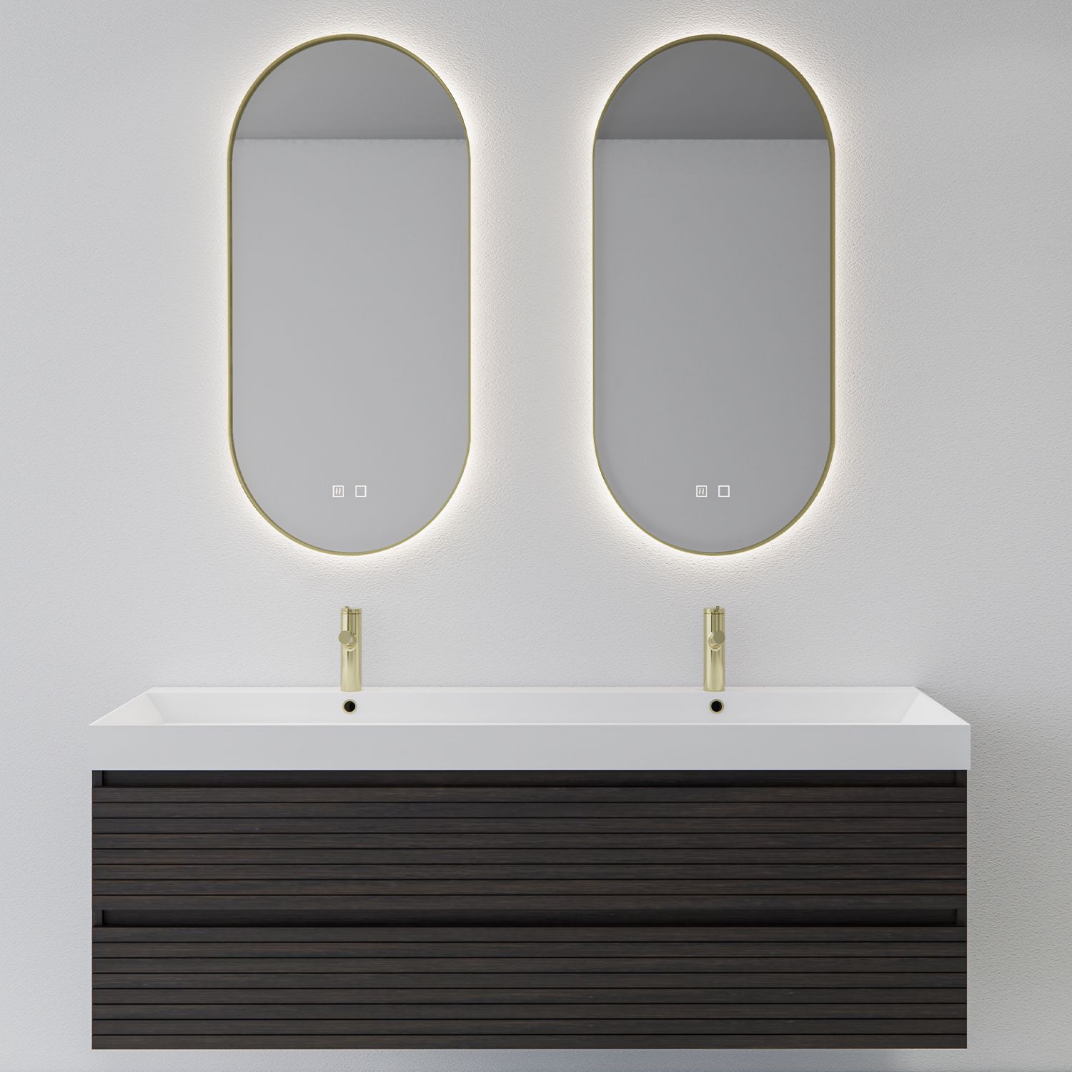 Boss & Wessing Spiegelcombinatie 2x Thyreos 40x100 cm Ovaal Mat Goud LED + Spiegelverwarming