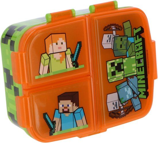 stor Minecraft Kinderlunchbox – Broodtrommel met 4 vakken voor kinderen vanaf 4 jaar - Vaatwasserbestendig & BPA-vrij - Lichtgroen/Oranje