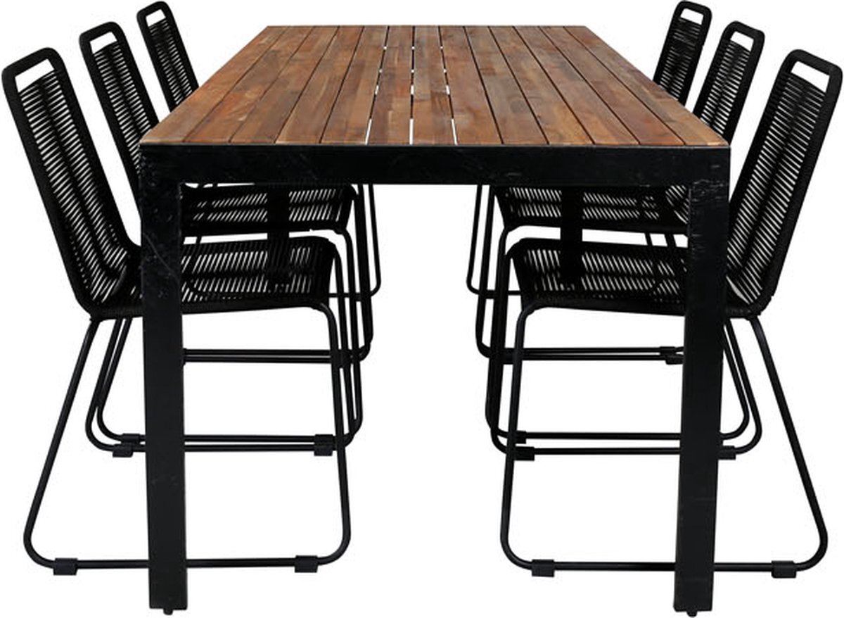 Hioshop Bois tuinmeubelset tafel 90x205cm en 6 stoel stapelS Lindos zwart, naturel.