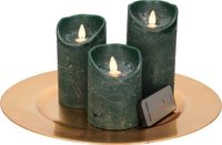 Plateau à bougies rond sans marque/assiette or en plastique D33 cm avec 3 bougies LED vertes 10/12,5/15 cm - Décoration de table