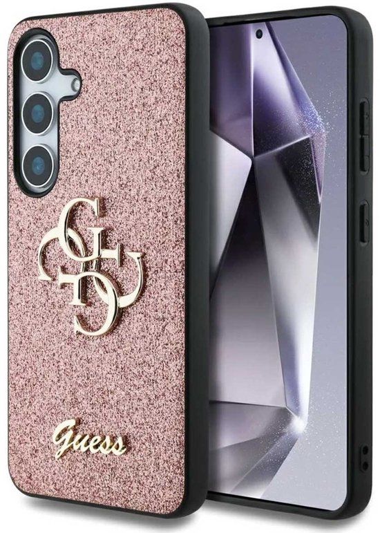 Guess 4G Metal Logo Glitter Backcover Samsung Galaxy S25 Roze