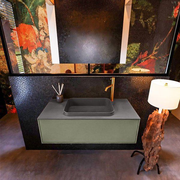 Mondiaz ERIN 100cm badmeubelset Army met 1 lade + Wastafel RIDGE Dark grey